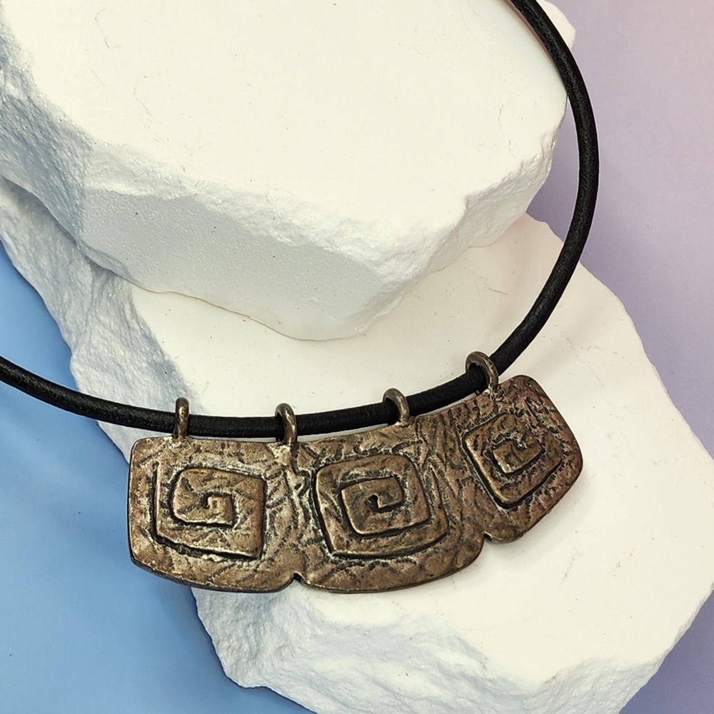 Chico's Bronze Tone Geometric Spiral Pendant Black Cord Necklace Boho Statement